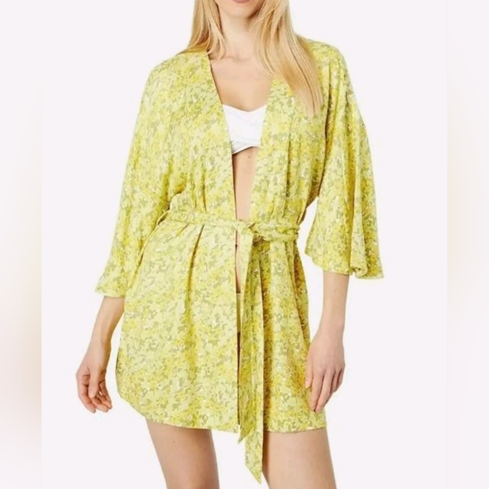 Volcom Wanna Have Sun Robe Kimono XS/S Floral Print Tie Waist Bell‎ Sleeves NWT